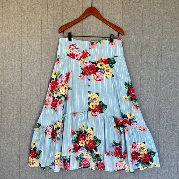Anthropologie Maeve Linen Blend Stripe Floral Claudette Midi Skirt Size Size 14 - Picture 3 of 14